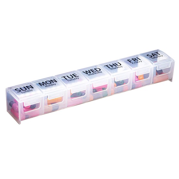 GMS Weekly Pill Case for Medication, Vitamins, Supplements, and Other Pills - Seven Boldly Labeled Compartments with Secure Latch - Great for Travel and Everyday Use (Clear) (1)
