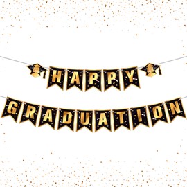 Large, Happy Graduation Banner 2022 - No DIY, 10 Feet | Class of 2022 Banner with Cap Graduation Garland for Black Graduation Decorations 2022 | Black and Gold Graduation Party Decorations 2022