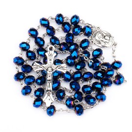swqfzki Blue Crystal Beads Rosary Catholic Necklace for Women First Communion Prayer Jerusalem Holy Soil Mary Medal Cross Crucifix for Girl Women Necklace