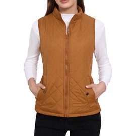 Allegra K Woman Zip Up Front Stand Collar Slant Pockets Quilted Padded Vest XX-Large Saddle Brown