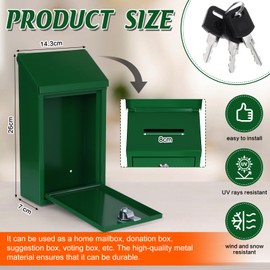 Metal Donation Box Charity Steel Collection Box Office Suggestion Secure Mailbox with Top Slot and Lock with Keys Wall Mount 10.24 x 5.63 x 2.76 inches Waterproof Mailbox for Home Office (Green)