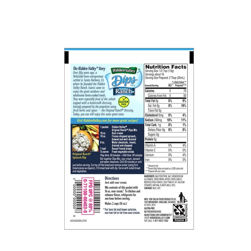 Hidden Valley Original Ranch Dips Mix, Eight 1 Ounce Packets