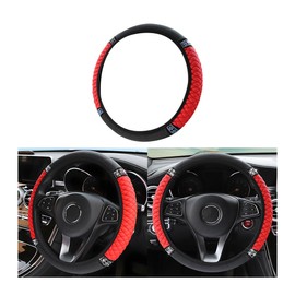 LKAHG Bling Car Steering Wheel Cover, Elastic Stretch Leather Vehicle Steering Wheel Protector, Sparkly Crystal Rhinestones Auto Interior Decor Accessories, Universal for Truck Van SUV (Red)