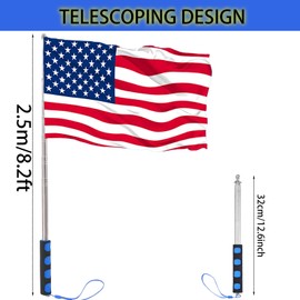 Difuento 8.2ft Tour Guide Flag Pole Telescoping Handheld Flagpoles Stainless Steel Extendable Portable Flag Pole with Clips for Tour Guide Teaching Point Horse Training Totem Pole Festival Parade