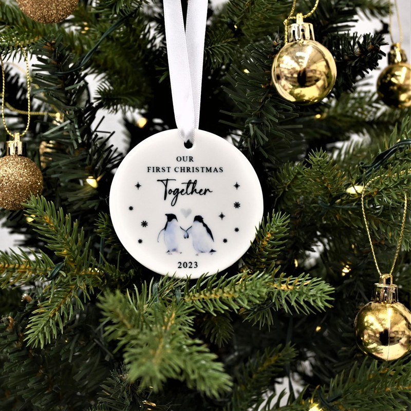 "First Christmas Together" Watercolour Penguin Design Ceramic Bauble - Perfect