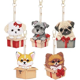 Diamond Art Keychain Set of 5 Puppy Pattern Double Sided Diamond Beads Embroidery Kids Beginner DIY Handmade Bling Charm Purse Key Pendant Decoration