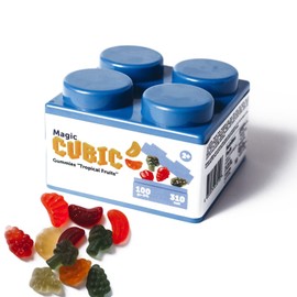 Magic CUBIC Tropical Fruits Gummy Candy - Low Suger, Gluten Free Assorted Fruit Flavors - Magic Cube Construction Toy for Creative Building - Low Carb Gummies for Kids - Bulk Candy Pack 3.5 OZ