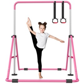 Nimsqury Foldable Gymnastics Bar, 5-Height Adjustable Gymnastic Bars for Kids at Home,Robust & Stable for Indoor/Outdoor Using,Weight Limit 140LBS (Pink)