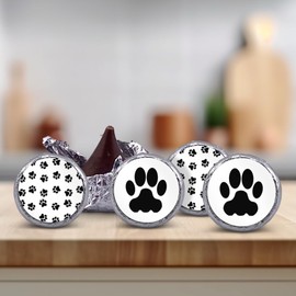 216 Cute Dog Paw Print birthday party or baby shower stickers, labels decorations, .75" round to fit hershey chocolate drop kisses, mints, and other candy.