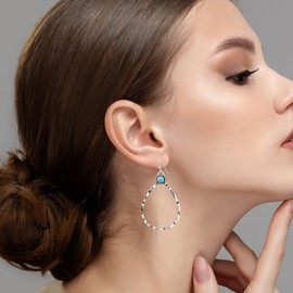 Aliyoham Silver Teardrop Earrings for Women - Handcrafted Boho Dangle Earrings with Turquoise Stone, Hypoallergenic Jewelry