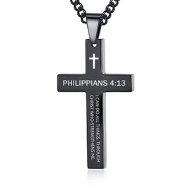 REVEMCN Inspirational Bible Verse Cross Necklace for Men Boys, Stainless Steel Plain Black Silver Cross Pendant Necklace for Men 20-24 Inches Curb Chain Faith Jewelry Gift