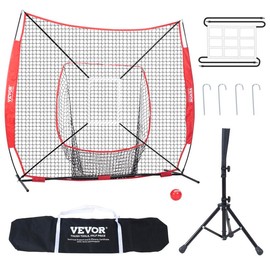 VEVOR 7x7 ft Baseball Softball Practice Net, Portable Baseball Training Net for Hitting Batting Catching Pitching, Backstop Baseball Equipment with Bow Frame, Carry Bag, Strike Zone, Ball, Batting Tee:_Batting Tee + Ball Collector + Red Ball