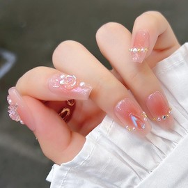 Pure Handmade Nails Press on Nail Reusable Fake Nails Red&Golden RhineStones Bling Bling Medium Stick on Nails French Tip False Nails 10pcs (L, Q316 NAILS)