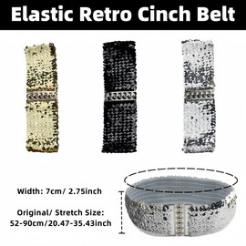 SamHeng Women Wide Sequin Belt Glitter Elastic Stretchy Waistband Cinch Belt Metal Buckle for 80s Costume Party Disco Party, Silver
