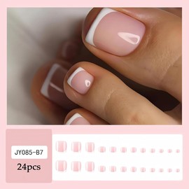 24Pcs French Tip False Toenails - Short Square Nude Pink Fake Toe Nail/White French Tip Press on Toenails - Acrylic Full Cover Fake Toenails Nail Art Set for Women Girls (Pink & White Toenails)