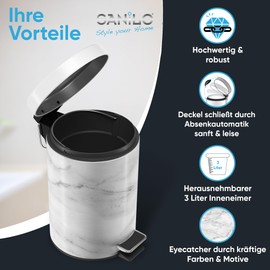 Sanilo Cosmetic Bin 3 L with Soft-Close Mechanism, Many New Bathroom Bins to Choose From, Waste Bin with Inner Container for Any Bathroom (Marble)