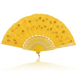 lvzhen Hand Fan Folding, Lace Spanish Fan Peacock Pattern Folding Fan Plastic Handheld Fan for Women Suitable for Wedding Engagement Dancing Birthday Party Cosplay (Yellow)