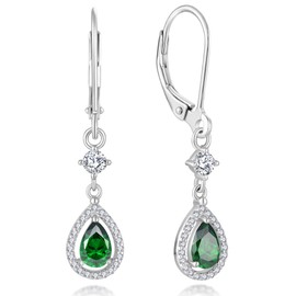 Guesma Green Emerald Teardrop Dangle Earrings Women - 6x4mm Solid Sterling Silver Leverback Earrings Pear Created Birthstone Drop Earring Jewelry for Her