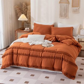 Freyamy Boho Bettbezug 220 x 240 cm + 2 Kissenbezüge 65 x 65 cm Fransen Karamell Bohème Bettwäsche für Doppelbett Erwachsene Mädchen Bettbezug aus 100 % Mikrofaser, gewaschen mit Reißverschluss