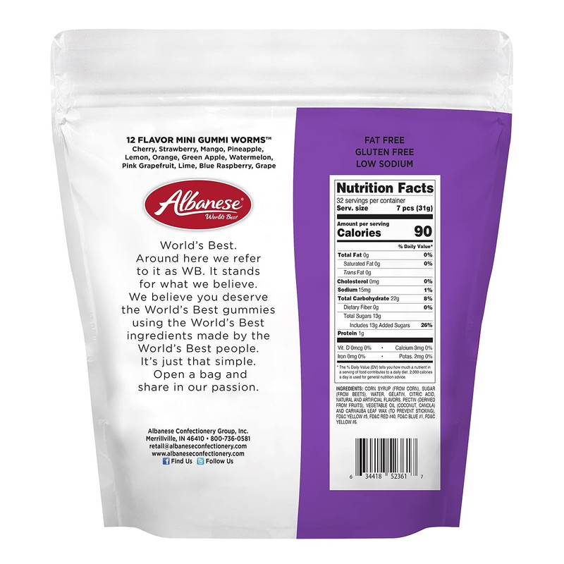 Albanese World's Best 12 Flavor Mini Gummi Worms, 36oz Bag