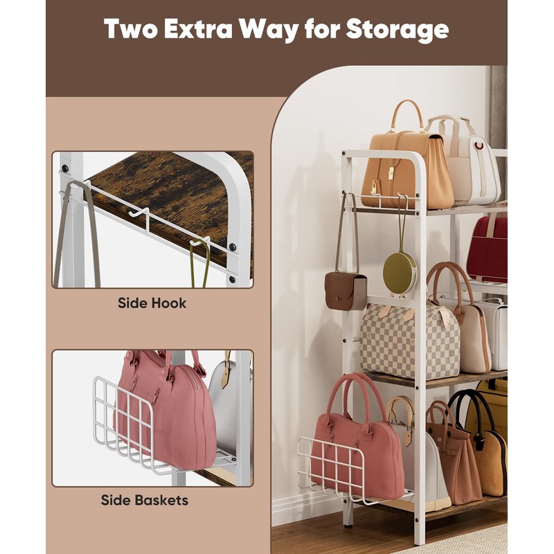Tuohours 3-Tier Purse Organizer Rack, Iron & Wood Floor-Standing Bag