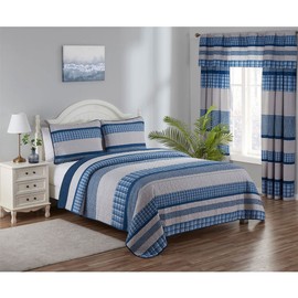 Legacy Decor 3 PCS Quilt Reversible Bedspread Coverlet Blue & White Patchwork Design Ultra Soft Microfiber Oversized Full 86" W x 96" L
