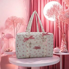 Floral Travel Duffel Bag for Women Coquette Aesthetics Quilted Puffer Bag Girls Cute Shoulder Purse Carry on Bag for Travel (A-White)