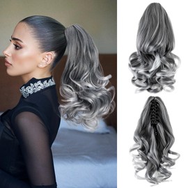 Sleekcute Clip On Ponytails for Women Ponytail Extension Natural Looking Thick Hairpiece with Easy Clip, Seamless Blend for Everyday Wear (10 Inch Grey with White)