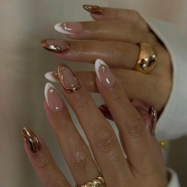 MISUD Press on Nails Short Almond Fake Nails Glossy Glue on Nails 3D Gold Chrome Acrylic Nails Stiletto Artificial Nails White French Tip Stick on False Nails with Rhinestone Design 30 pcs