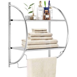 ReunionG 2-Tier Bathroom Shelf with Towel Rails, Wall Mounted Towel Shelf with Space-Saving Design, Multifunctional Chrome Bathroom Storage Shelf for Bathroom Laundry Room Kitchen, Easy Assembly