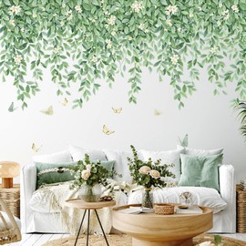 Green Leaf Wall Decals Hanging Vine Wall Sticker Plant Flower Wall Decal Butterfly DIY Removable Wall Stickers Peel and Stick Art Murals for Bedroom Living Room Kids Nursery
