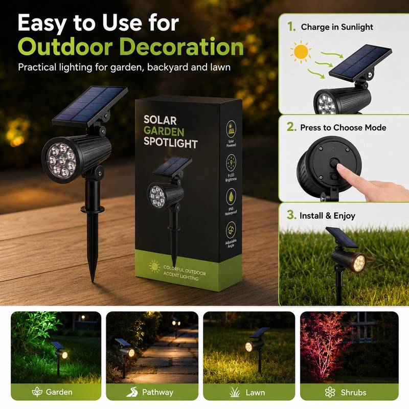 Solar Spot Light for Outdoor Decoration – 9-LED Adjustable Brightness