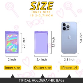 TIFICAL Holographic Sample Resealable Bags for Small Business, Foil Freshies Bags for Food Storage,Packaging, Eyelash, Jewelry, Lip Gloss,Smell Proof, 100 PCS