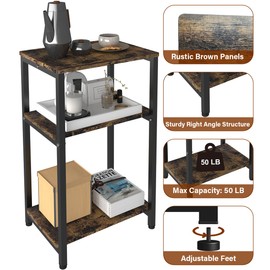 Tigerden 3 Tier Side Table, Heavy Duty End Table with Shelves, Narrow nightstand Table for Small Spaces, Record Player Table for Bedroom, Living Room, Sofa Couch - Rustic Brown & Black