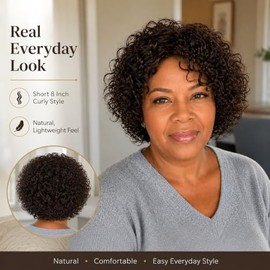 Peluca de cabello humano corto y rizado para mujeres negras, 2# marrón oscuro con parte lateral para usar y llevar, sin encaje, no necesita pegamento,