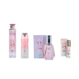 Lattafa Perfumes | 4pc Yara Set | Yara 50 ml + Yara Air Freshener 300 ml + Yara Body Spray 200 ml + Yara oil 10 ml | Women's Fragrance