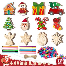 Vyntra Wooden Pendant Christmas for Painting, 72 Pieces Wooden Crafts Christmas Tree Decoration Wooden Christmas Decoration Crafts for Toddlers DIY Crafts Christmas Tree Hanging Decoration