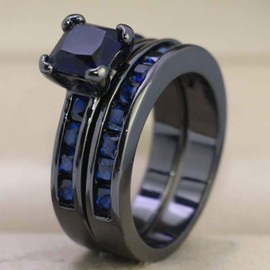 His Hers Wedding Ring Sets Couples Matching Rings Women's 2pc Black Gold Plated Blue CZ Wedding Engagement Ring Bridal Sets Men's Stainless steel Wedding Band, Crystal stone Metal Glass, Agate