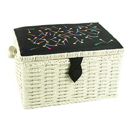 Medium Sewing Box, Wicker Effect with a Multi-coloured Pins Pattern on Black Fabric Lid, 26 x 19 x 15cm