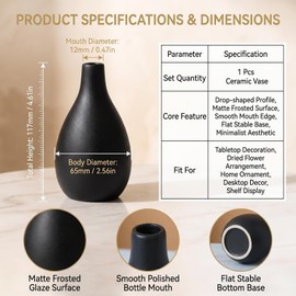 4.5 Inch Matte Blue Ceramic Bud Vase, Small Teardrop Shape Vase, Minimalist Boho Farmhouse Pottery Decor for Wedding Dinner Table Party Living Room Office Bedroom (Black)