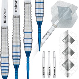 Unicorn Steel Tip Darts Set | Swytch | 80% Natural Tungsten Barrels with Blue Accents & Blue Volute Converta Points | 22 g