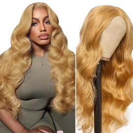 Tuheerst Blonde Human Hair Wig, Body Wave Real Hair Wig, Women's 4 x 4#27 Swiss Lace Brazilian Real Hair, Remy Hair, Pre-Plucked, Natural Hairline with Baby Hair, 24 Inches (61 cm)