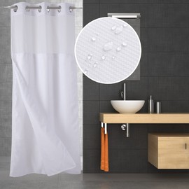 Ecoehoe 36" W x72 L Hook Free Fabric Stall Shower Curtain with Polyester Snap-in Liner with Magnets–Hotel Quality Top See Through White