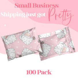 Pretty Package Store 10x13 Designer Christmas Holiday Poly Mailer 100 Pack Heavy Duty Waterproof Self Seal Shipping Bags Large Mailing Envelopes Bulk Tear Resistant Cute Packaging Pink Santa