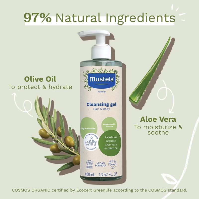 Mustela Bio Orgánico, Gel de Baño Corporal y Capilar, 400ml