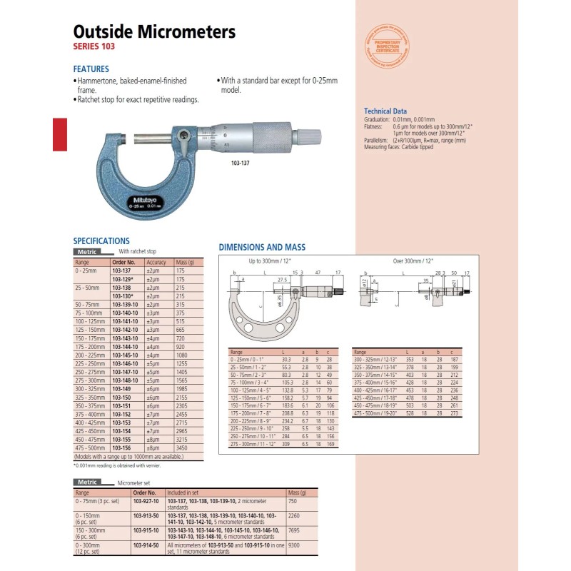 Mitutoyo 103-131 - Outside Micrometer 0 - 1", .0001 RA
