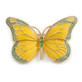 Yellow Enamel Grass Green Crystal Butterfly Brooch In Gold Tone - 65mm Across