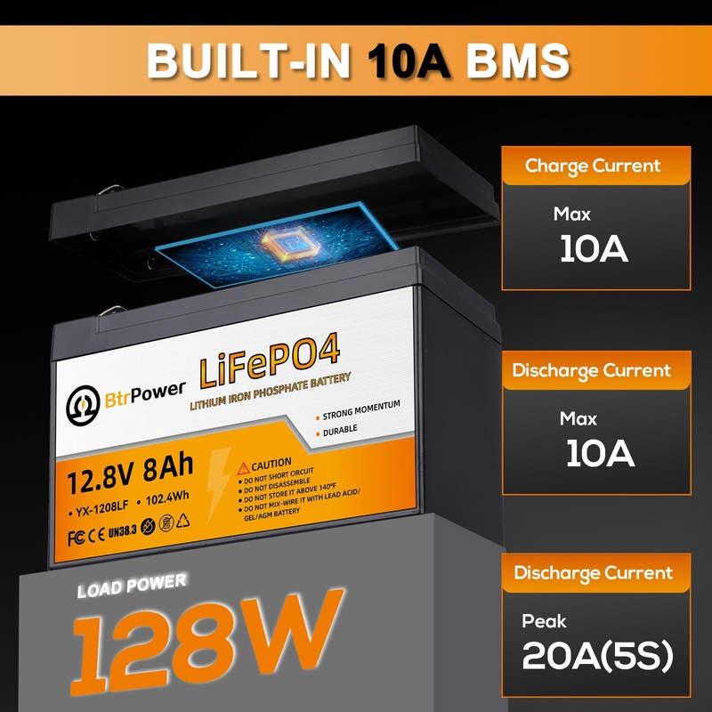 12V 8Ah Lithium LiFePO4 Battery|5000+ Deep Cycle LiFePO4 Battery|with 10A