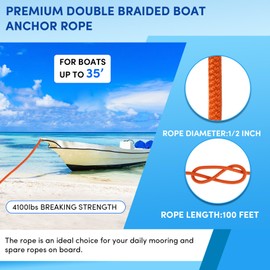 VEITHI Boat Anchor Rope 100 ft x 1/2 inch Orange, Double Braided Anchor Line with Stainless Steel Thimble & Shackle, Marine Rope Ideal for Towing,Mooring,Decks,Anchoring,for Boats Up to 35'