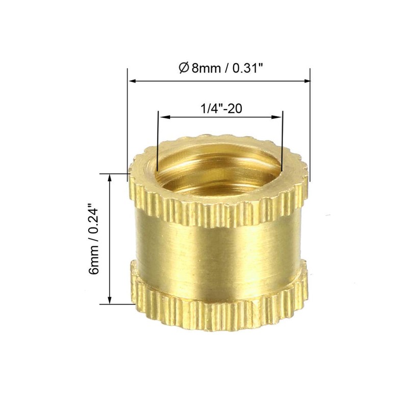 MACHSWON Knurled Insert Nuts-10Pcs 1/4-20x6mmx8mm Female Thread Brass Threaded Insert